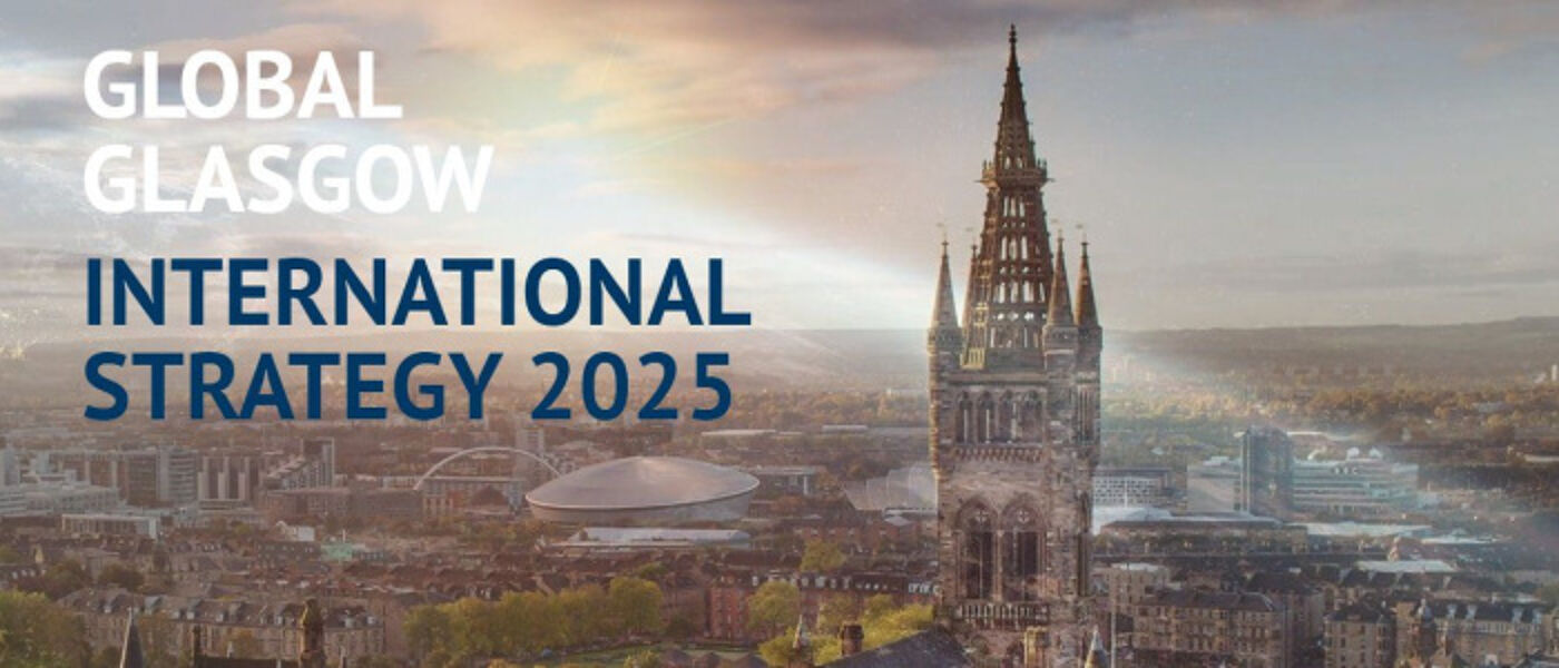 A view of the Glasgow University tower with the text 'Global Glasgow. International Strategy 2025' Source: GU