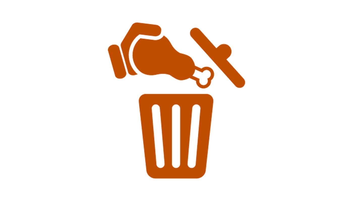 Hand throwing a chicken wing into a bin icon
