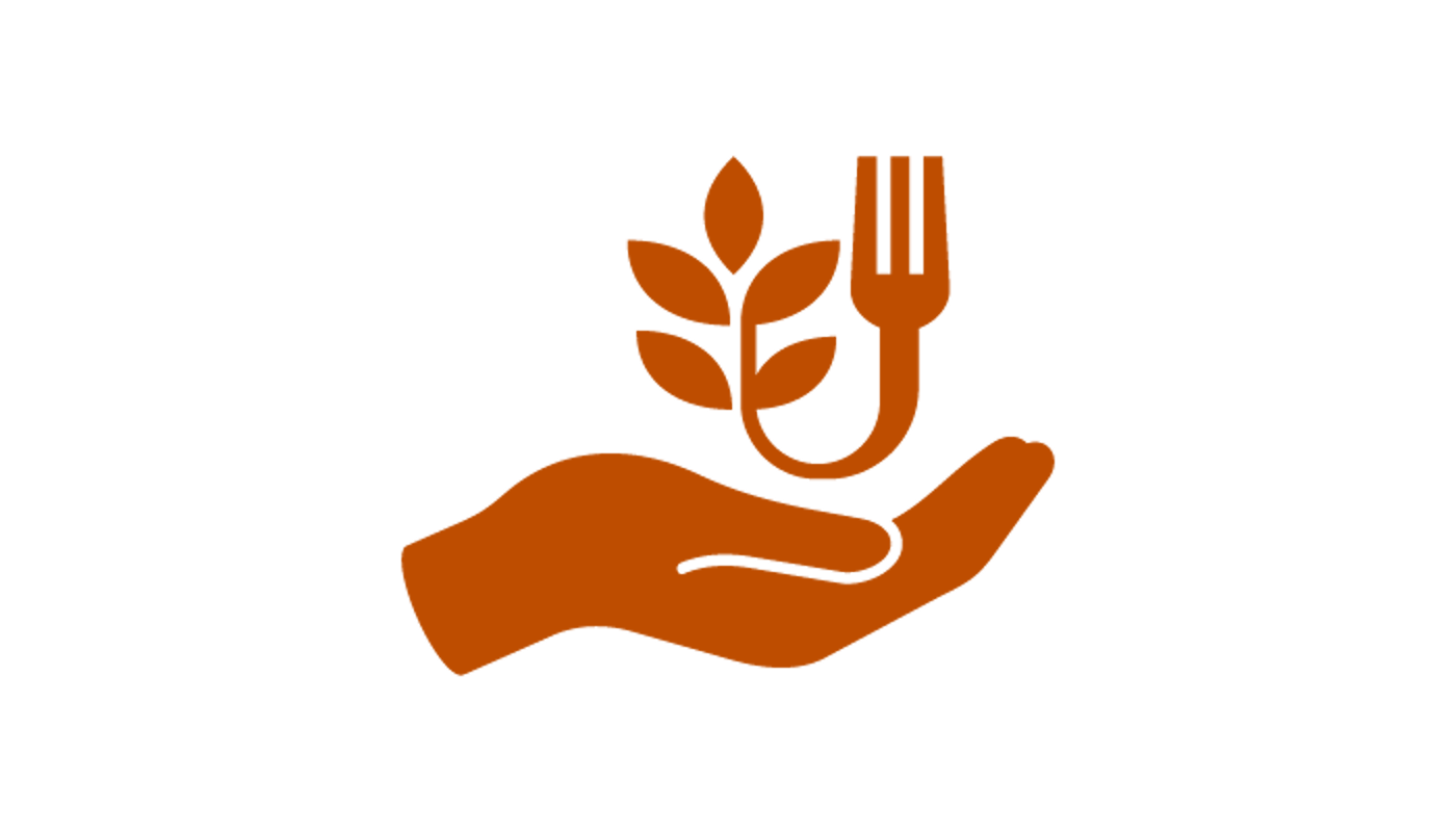 Icon of a hand holding a fork that bends into a stem and leaf