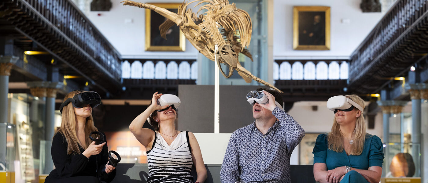 Four people with VR headsets in the University's Huntarian Museum