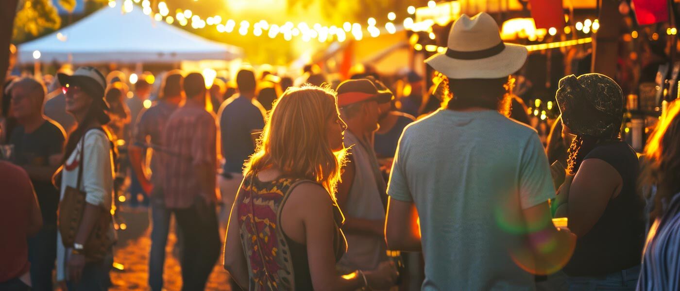 Outdoor event at dusk with with a crowd of people visiting stalls set up in parkland with strings of lights between the trees