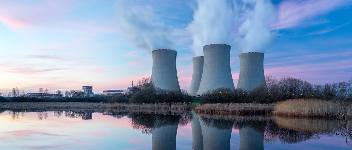 Nuclear power plant at sunset