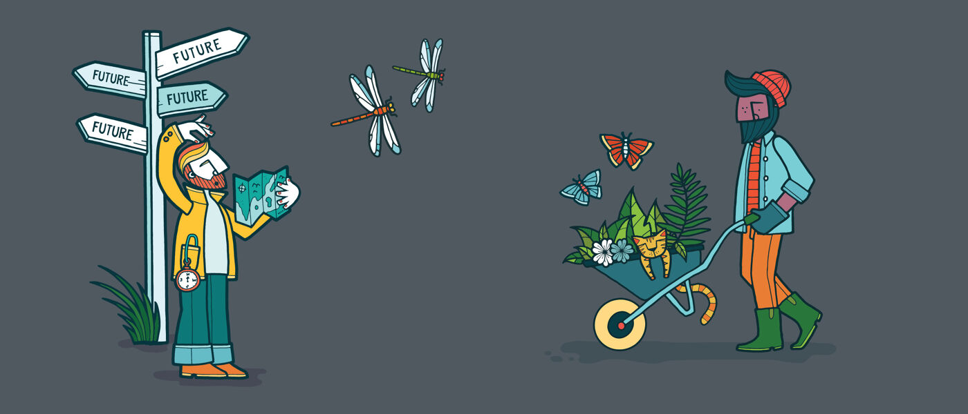 Cartoon image of a man with a map looking lost next to a signpost that says future. Another cartoon man is pushing a wheelbarrow full of plants and a cat. Between the two people are cartoon dragonflies and butterflies.