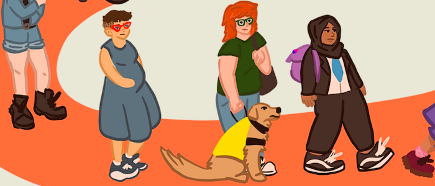 A cartoon of people walking in a queue including a person with a guide dog