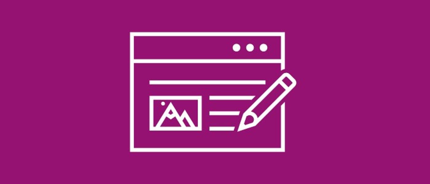 White icon on pink background depicting a webpage