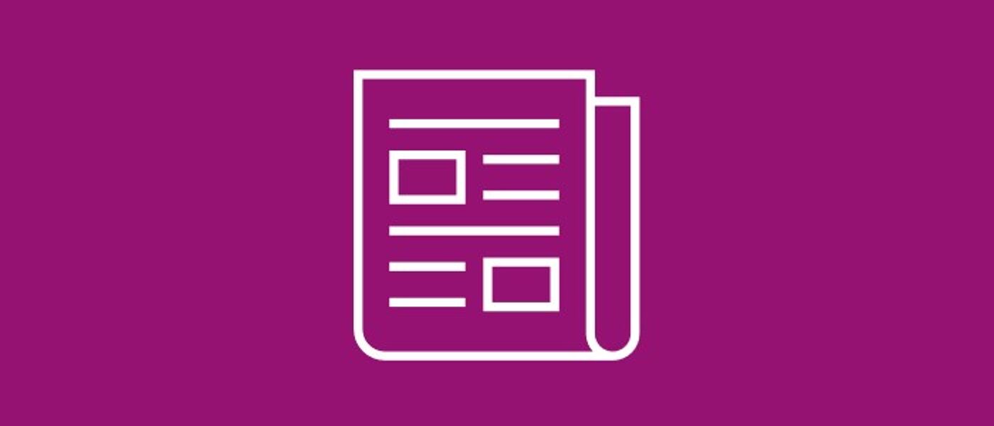 White icon on pink background depicting a newspaper