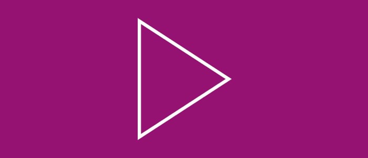 White icon on pink background depicting a play button