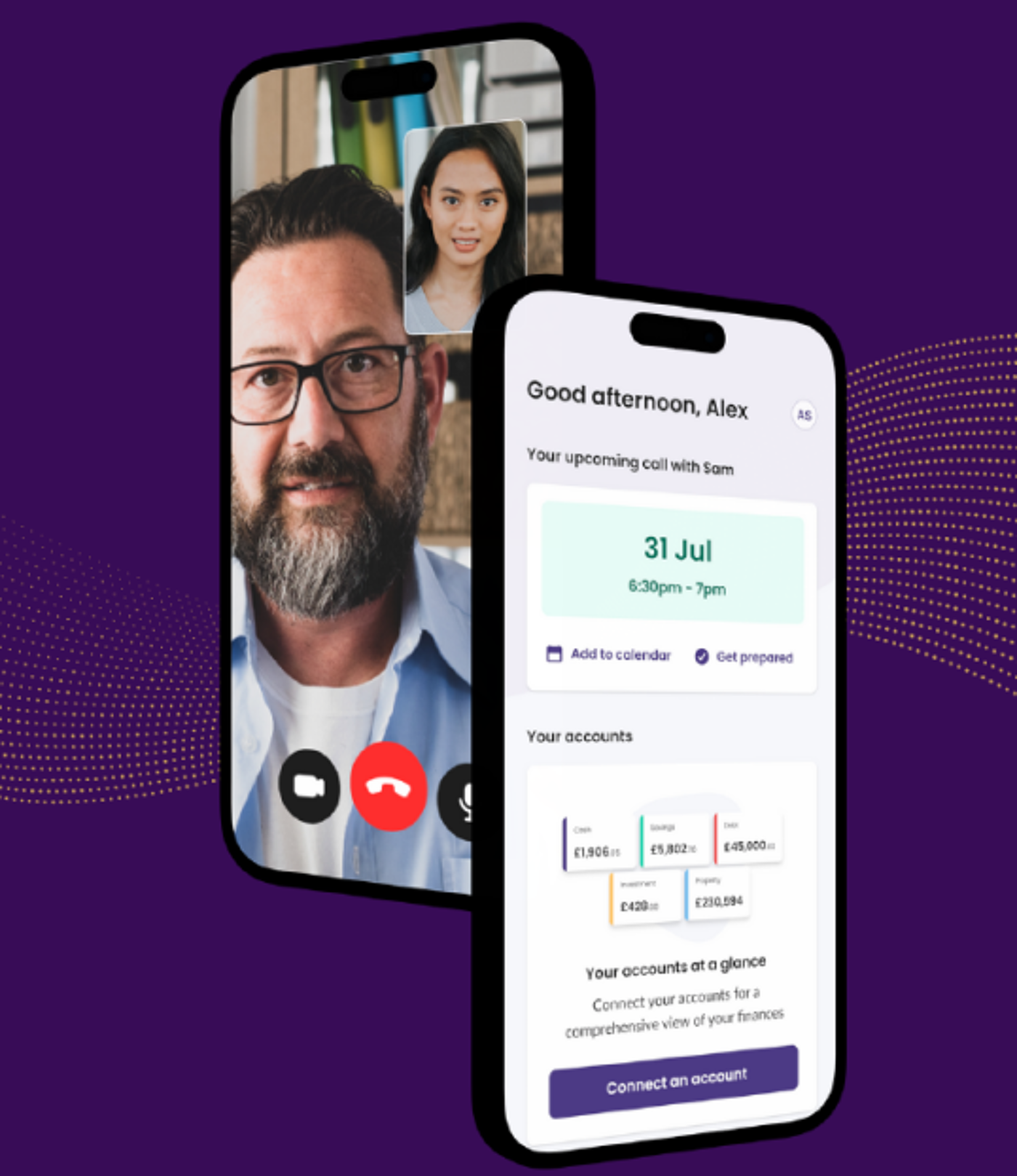 Image of a mobile phone demonstrating the money health platform. Showing a reminder for an upcoming call and account balances on screen. 