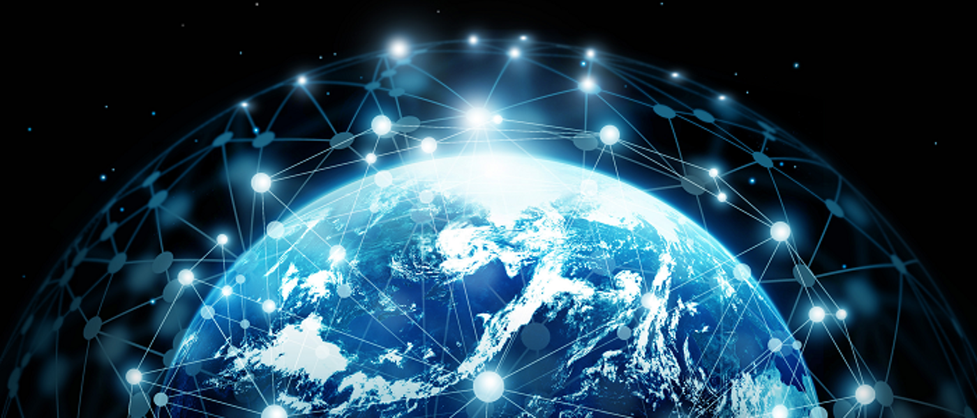 Network connection graphic of dots and lines over a blue planet earth