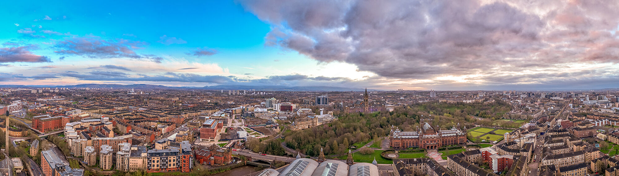 Drone image of the west end of Glasgow and the Gilmorehill campus