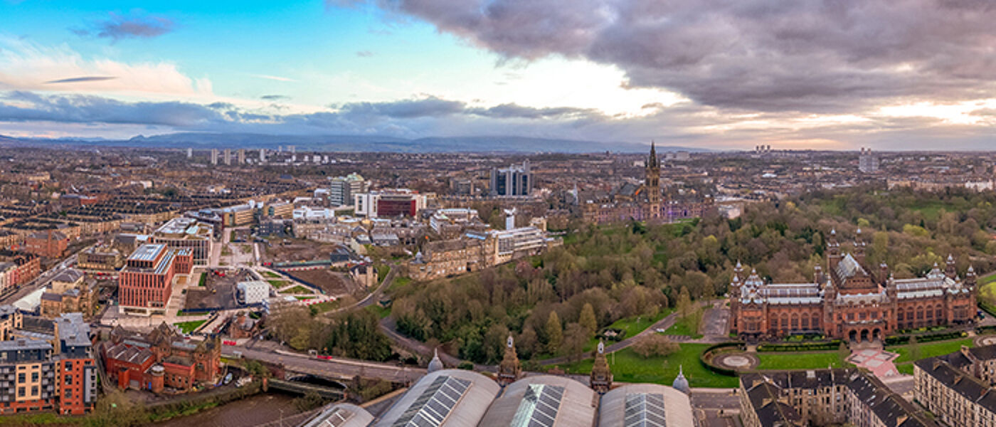 Drone image of the west end of Glasgow and the Gilmorehill campus