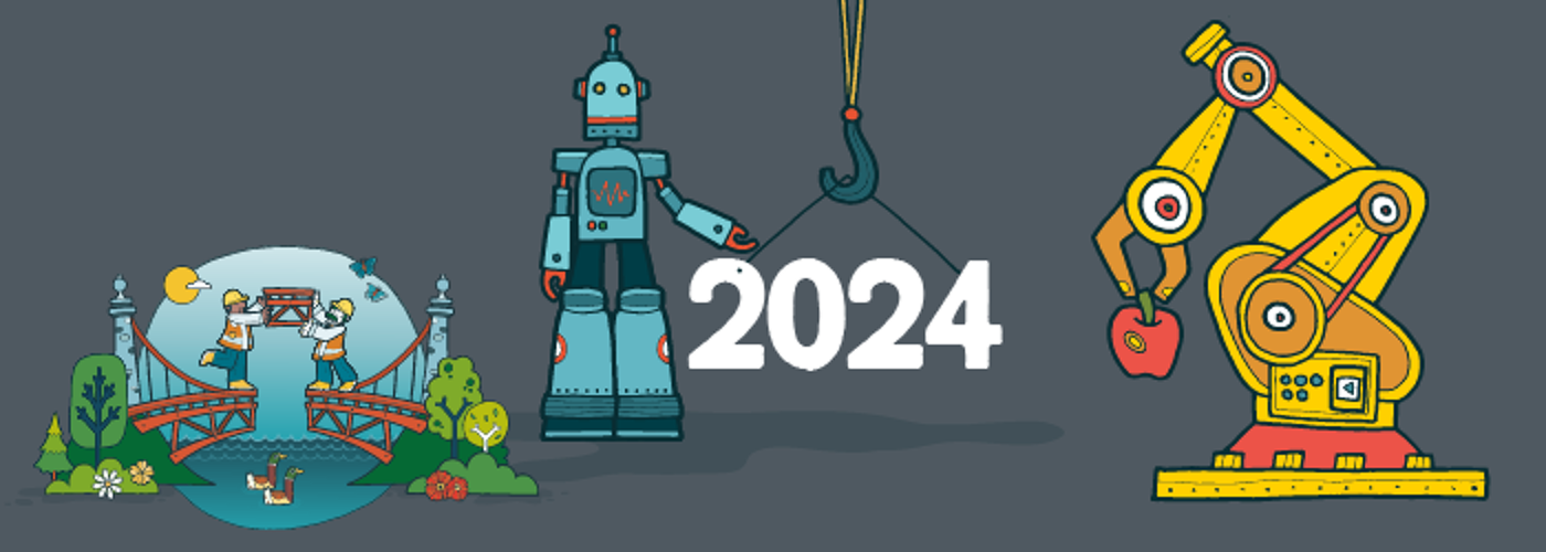 Cartoon image of a robot, a crane and two people building a bridge. 2024 is written in the middle.