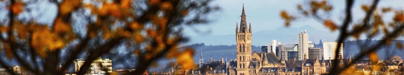 View of the university tower through leafy trees