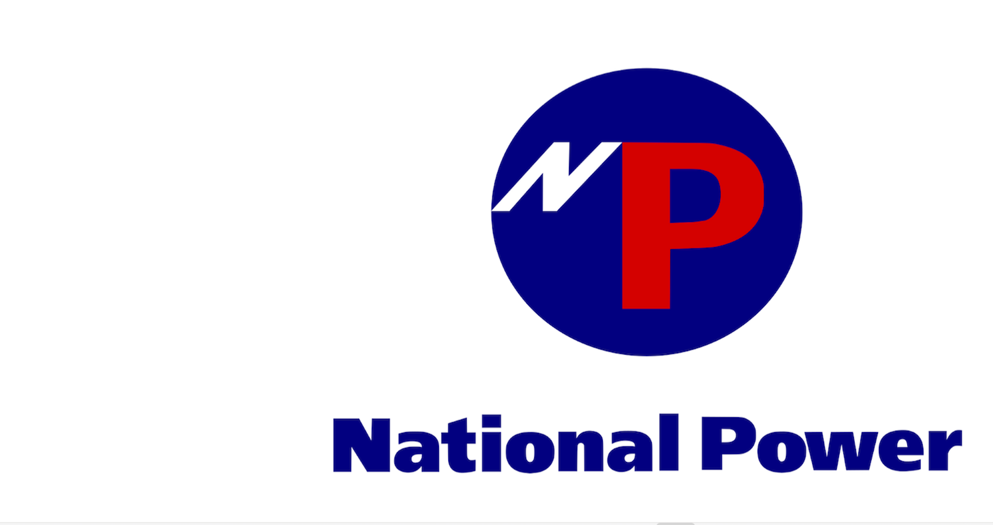 Logo of with a blue circle on a white background, underneath which is 'National Power' in blue.. Inside the circle wihich are 2 capital letters - a small white N at the top on the left and a larger red P in the centre and right.