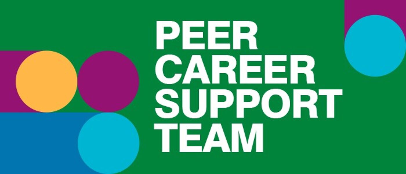 Dark green background with geometric circle design and text: Peer Career Support Team