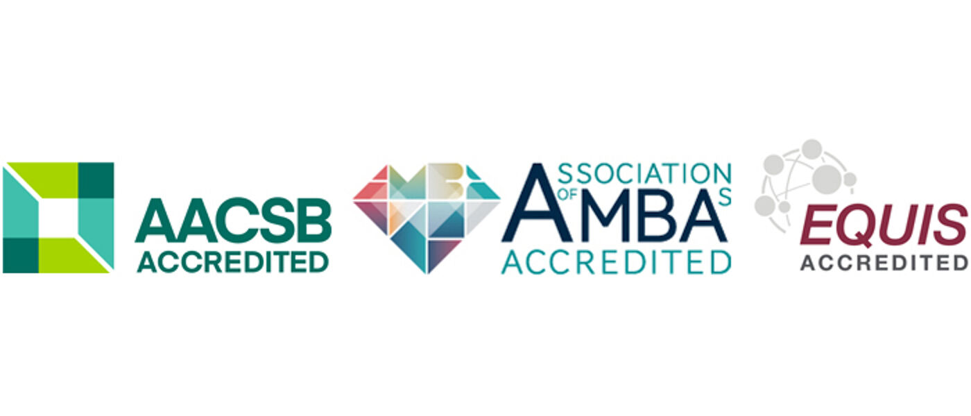 AACSB, AMBA and EQUIS coloured logos grouped together in a row against a white background