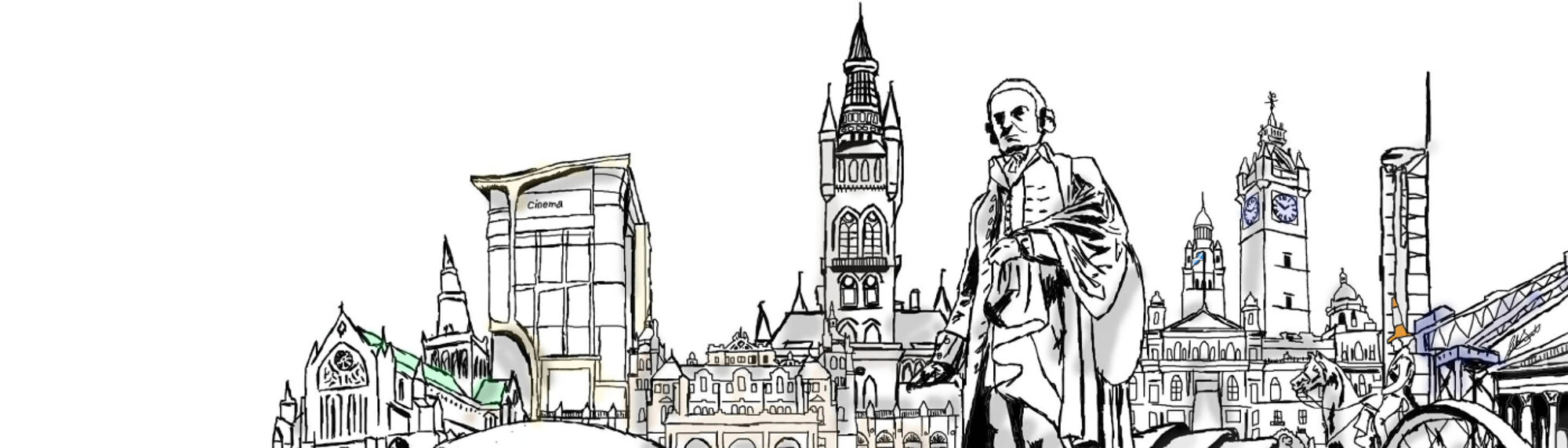 Wall mural artwork of Glasgow city landmarks and the Adam Smith statue at the University of Glasgow