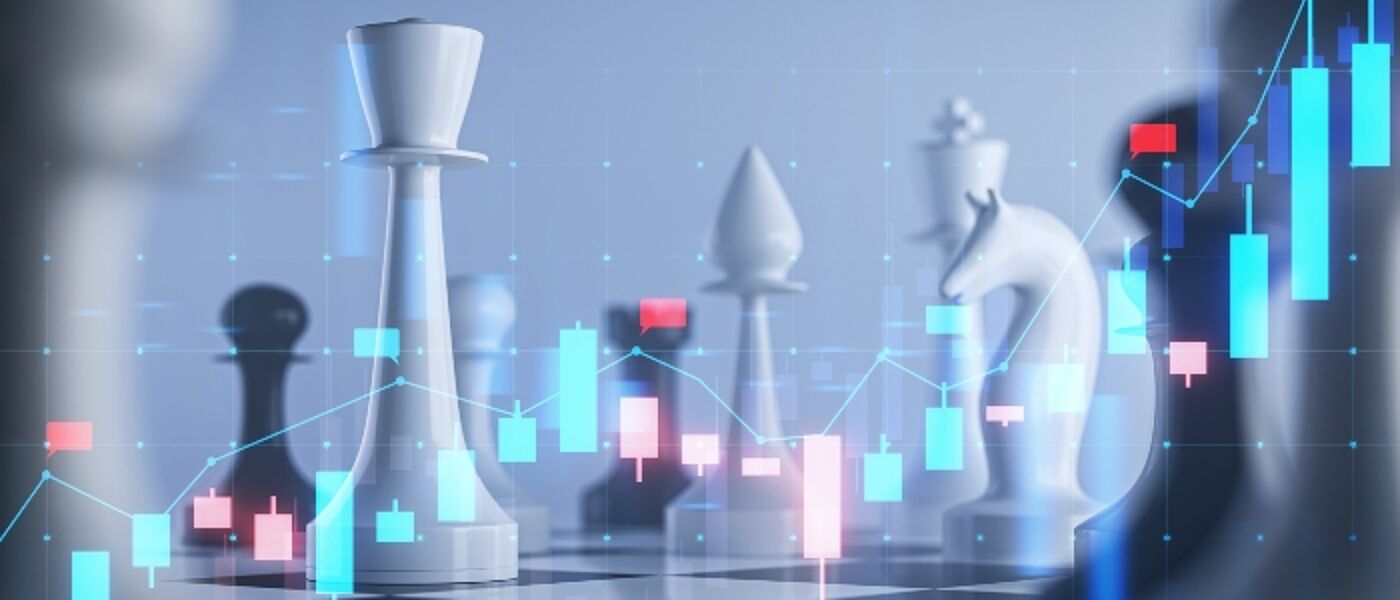 Chess pieces on a board with transparent financial graphs overlay, depicting strategic investment concept in a photorealistic style against a blurred blue background