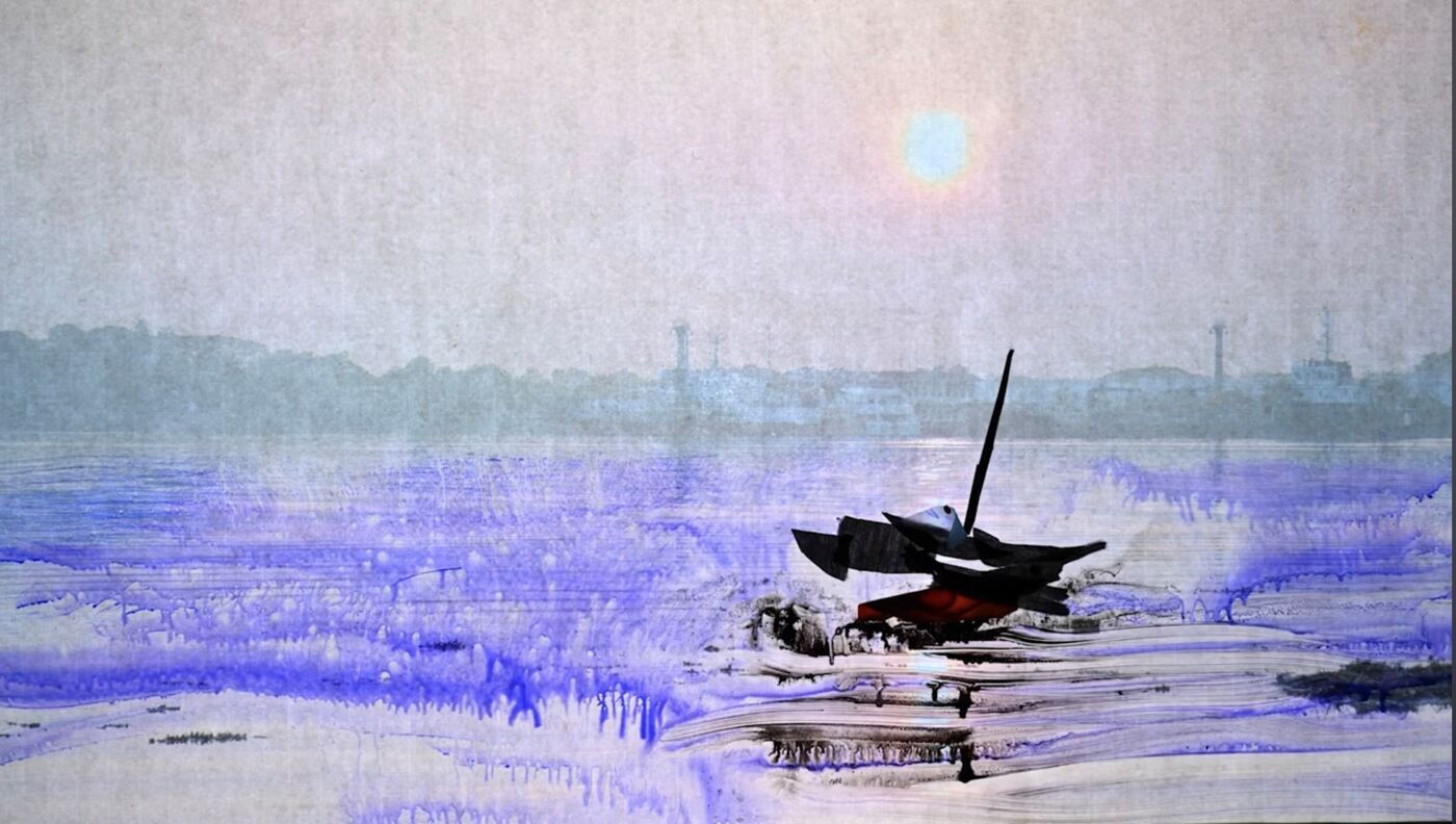 A sailing boat in the early morning leaving the harbour