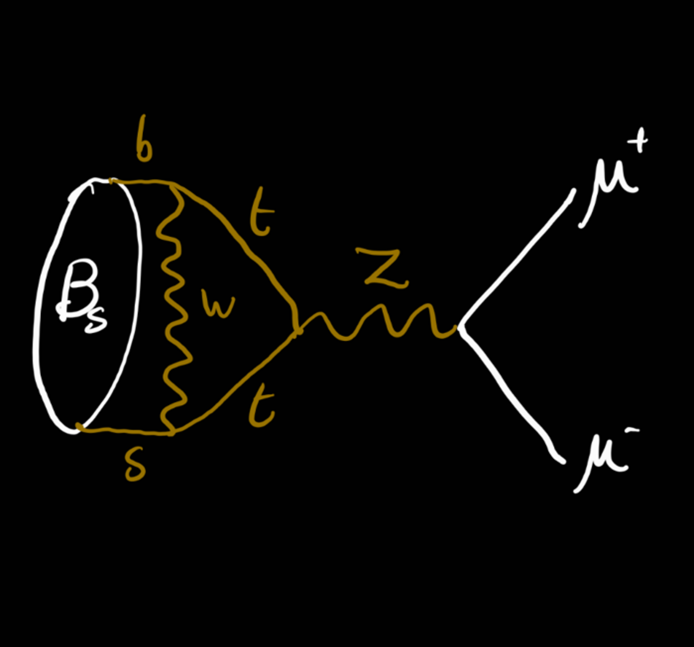 The loop-level process, known as a penguin diagram, through which Bs mesons decay in the Standard Model