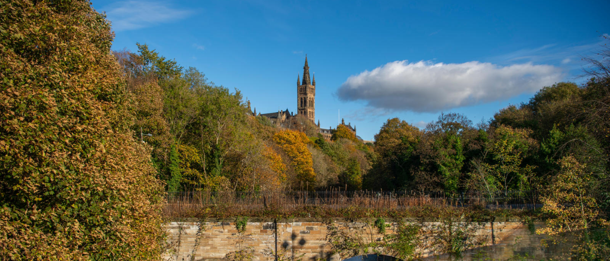 Photo of the gilbert scott tower with trees and a bridge