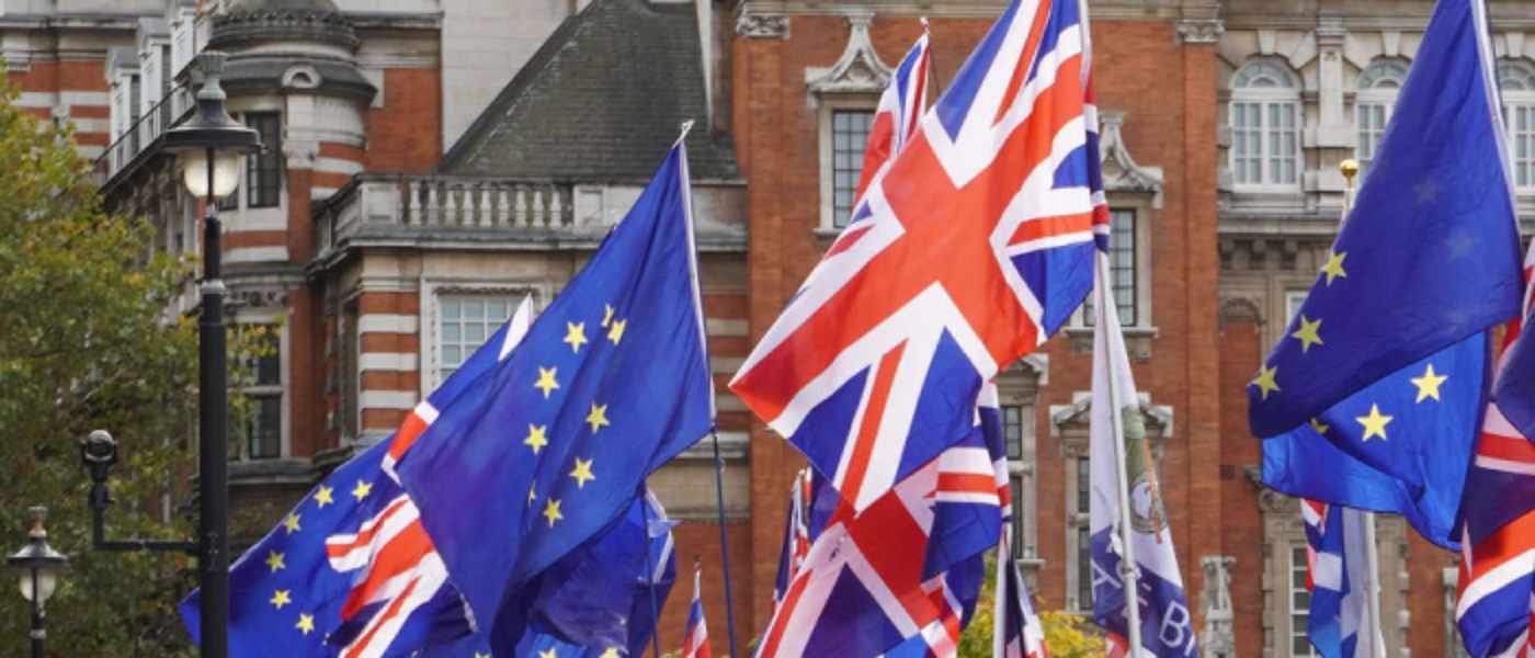 British and European flags outside
