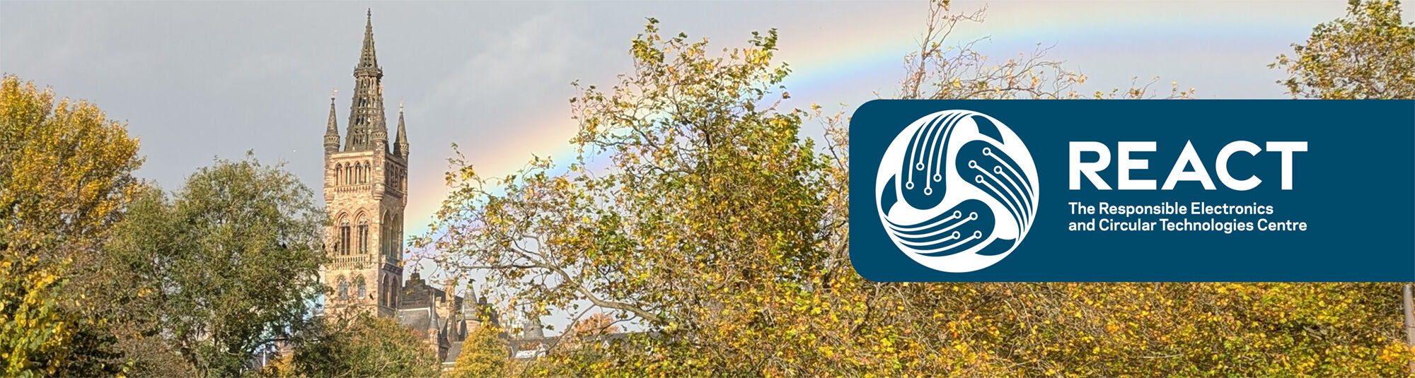 Photo of the university of glasgow building's tower overlaid with the centre's logo