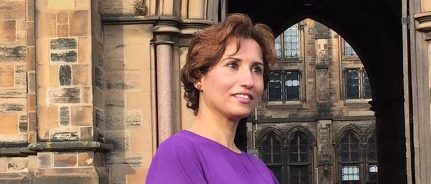 Sawsan Al-Areeqe outside the Gilbert Scott Building at the University of Glasgow