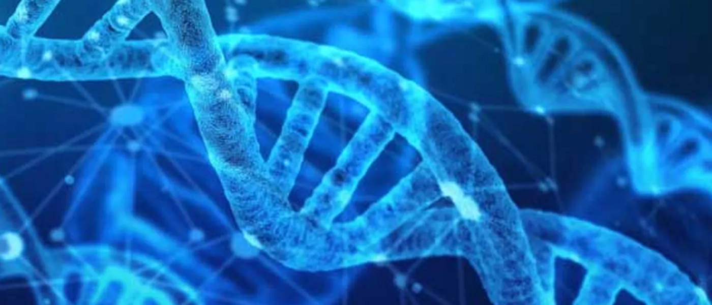 Graphic depicting DNA in blue