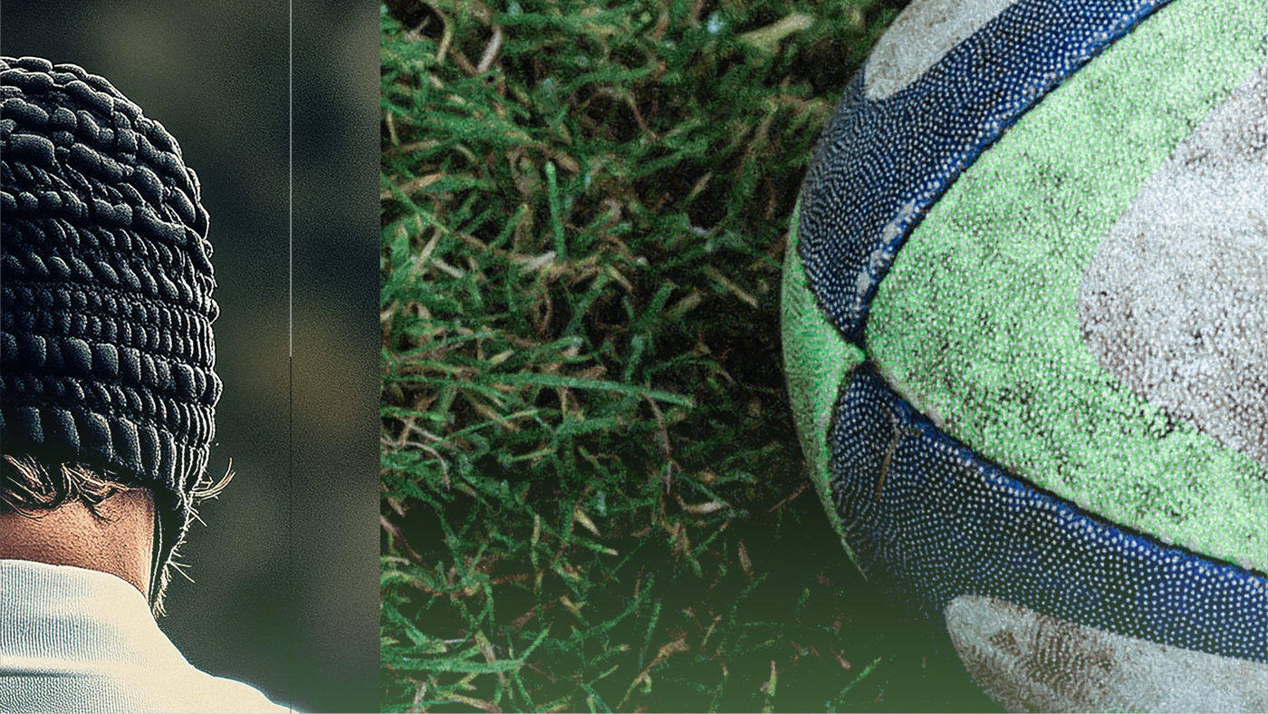 Split screen of back of rugby players head and a rugby ball