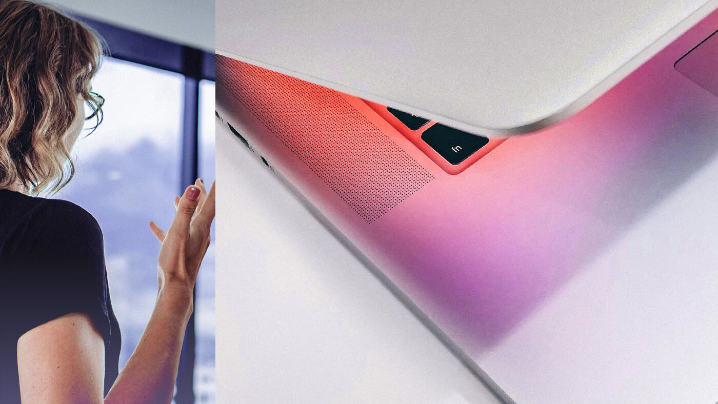 split screen with female on the left and laptop on the right