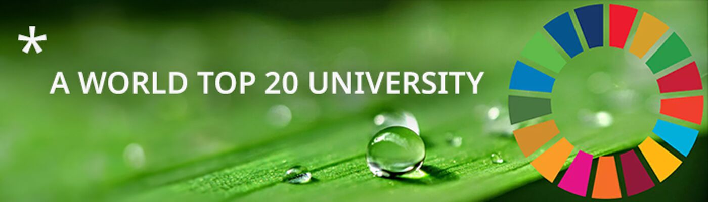 A clear water droplet on a bright green leaf overlayed with the United Nation's Sustainability Development Goals logo and the words a world top 20 University