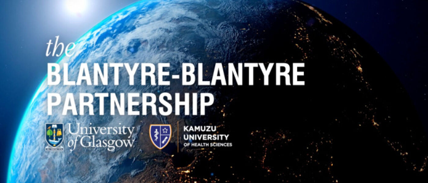 Earth from space overlaid with the University of Glasgow & the Kamuzu University of Health Sciences logos and the words 'the Blantyre-Blantyre partnership'