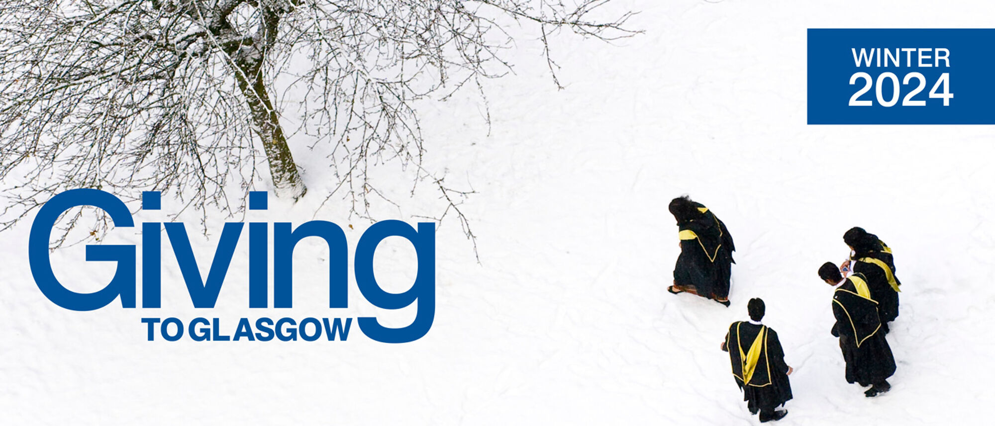 Students walking across the snowy quads with the giving the glasgow branding overlaid