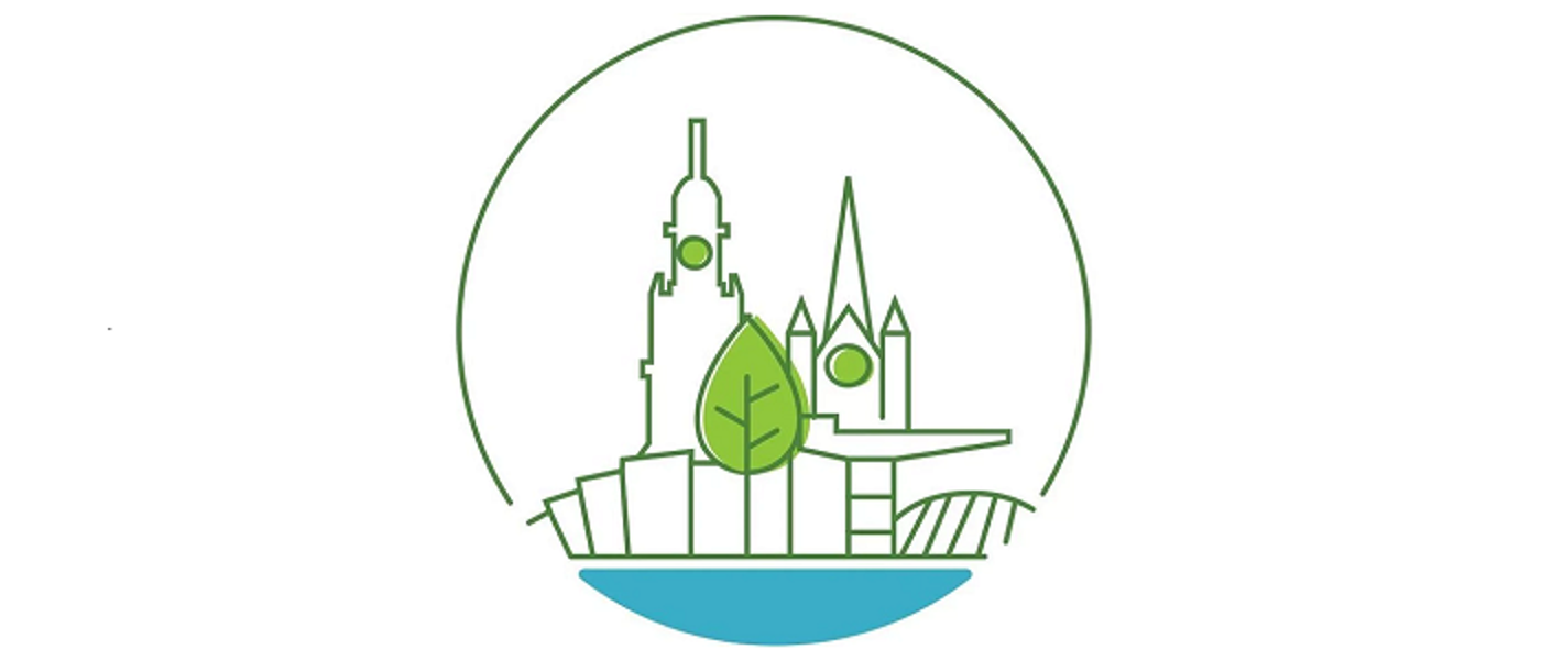 Graphic with green circle, buildings. leaf and river