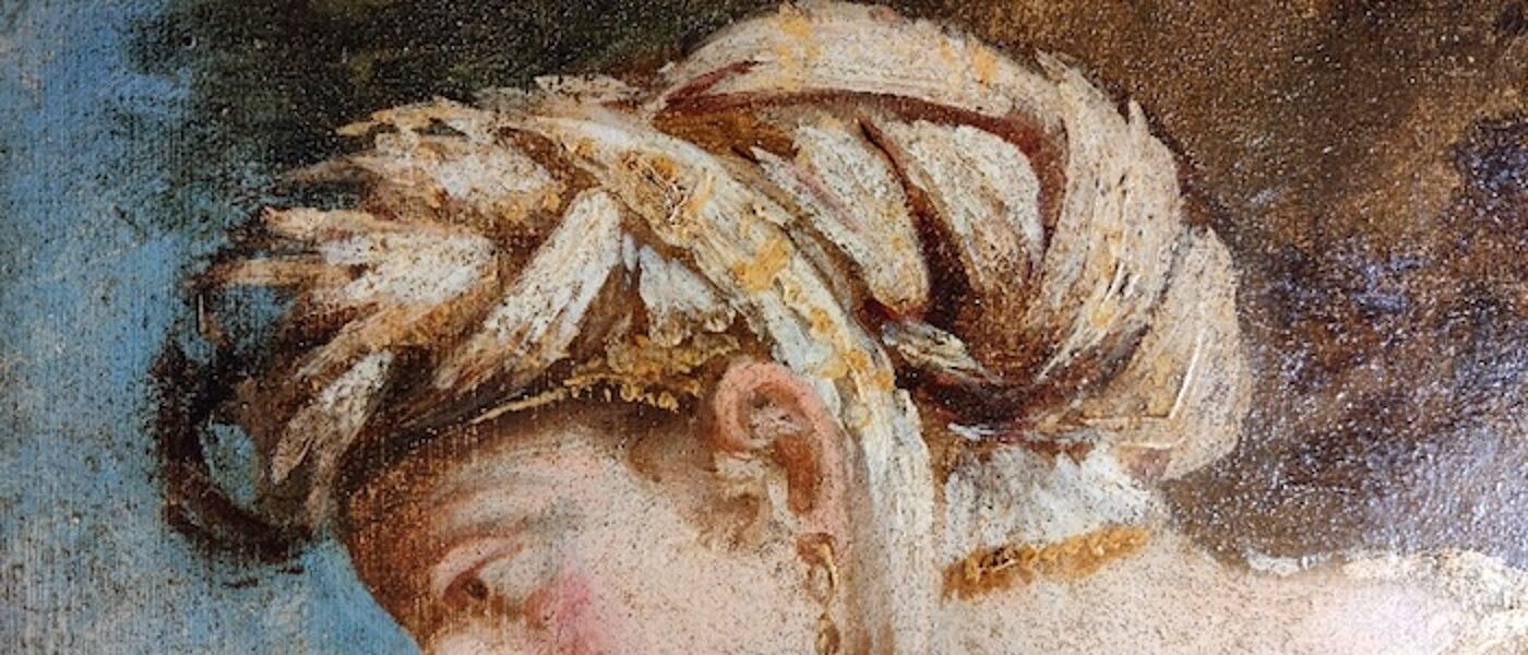 Detail of a Runciman mural showing the head dress of the Samaritan woman (subsidiary mural, left side, middle) in St Patrick’s Roman Catholic church (former New Episcopalian Chapel), Edinburgh