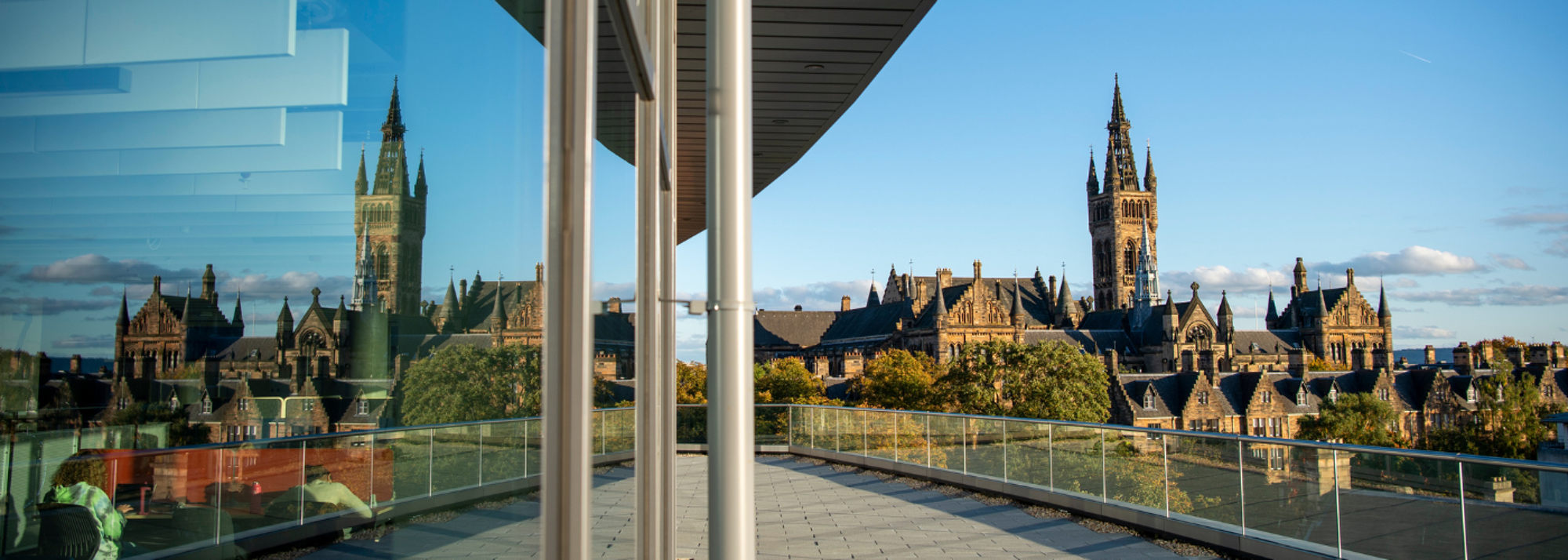 View from JMS Balcony to the Gilbert Scott Building on a blue clear day