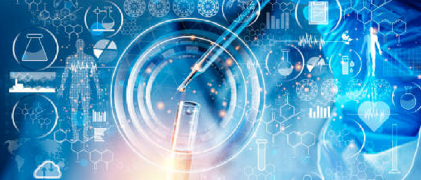 Lab technician close up gloved hands holding vial and dropper