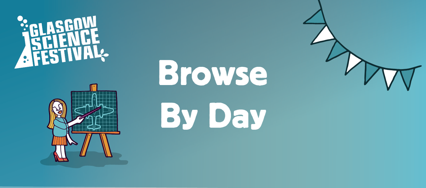 Cartoon image of a woman pointing to a blueprint. Text alongside reads 'Browse By Day'.