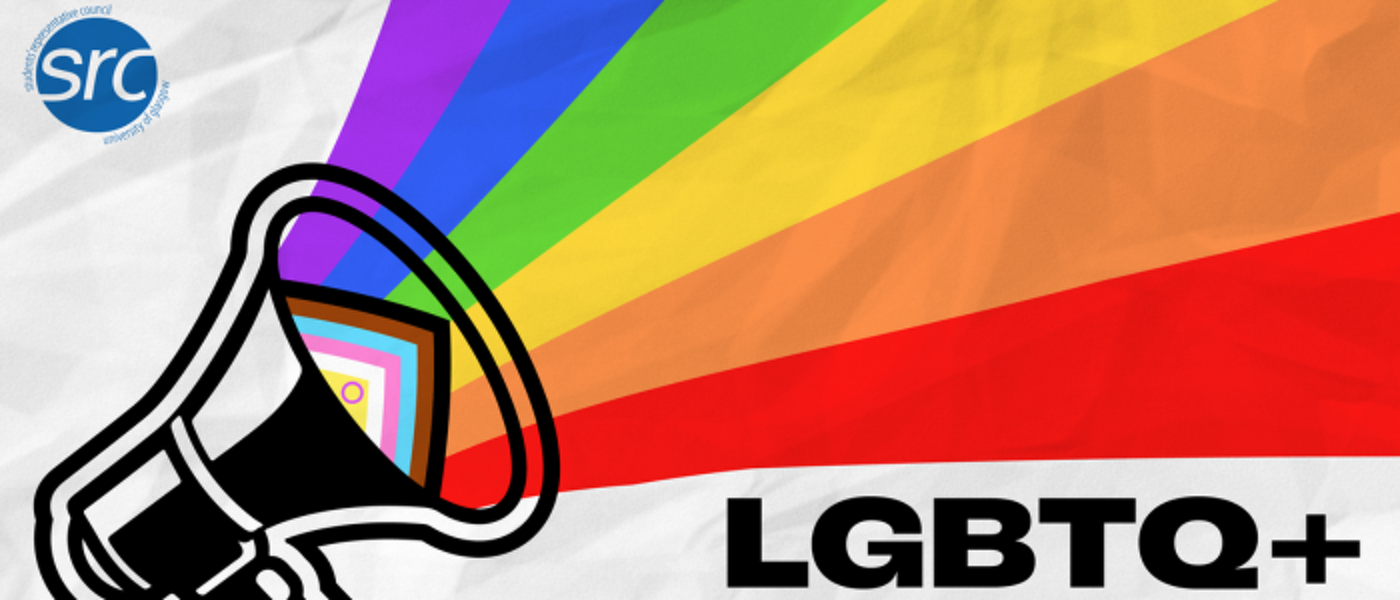 Graphic with a meaphone, the pride flag in the middle of the megaphone with a rainbow pattern coming out of it.