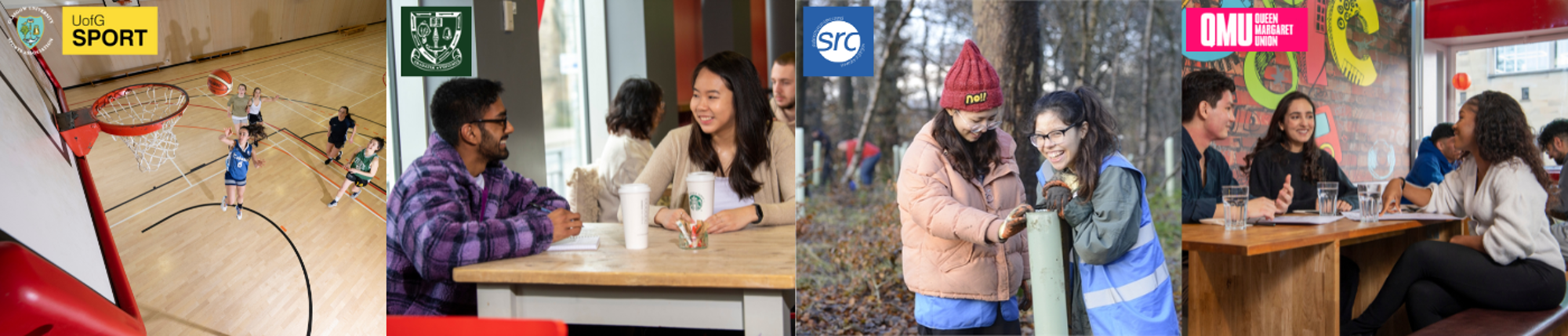 Four images next to each other 1. someone shooting a basketball, 2. Two people in a cafe, 3. Two people in the woods planting trees 4. three people sitting around a table in a restaurant