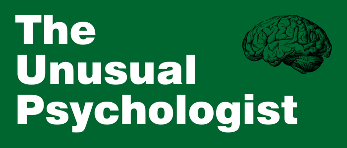 Dark green background with black illustration of brain and text: The Unusual Psychologist