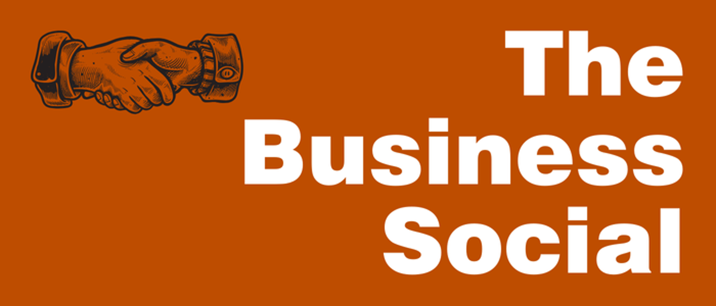 Dark orange background with black illustration of hands shaking and text: The Business Social