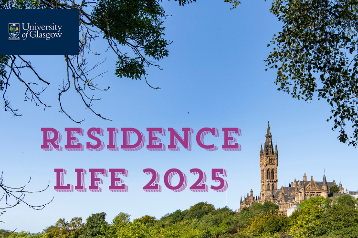 Image with the University clock tower against a bright blue sky and green trees in the foreground. Purple text reading 