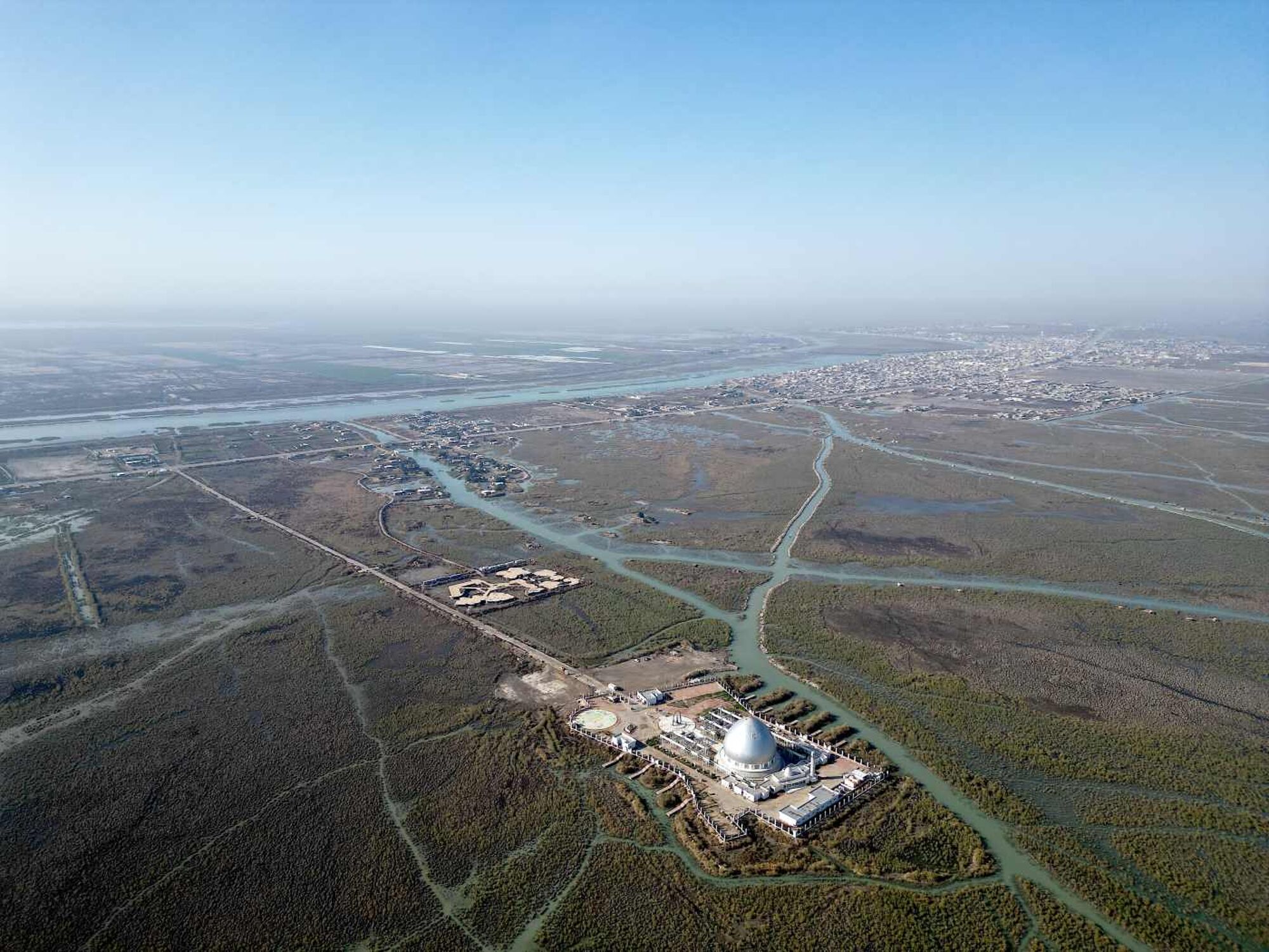 Aerial view towards Chibayish, Iraqi marshes