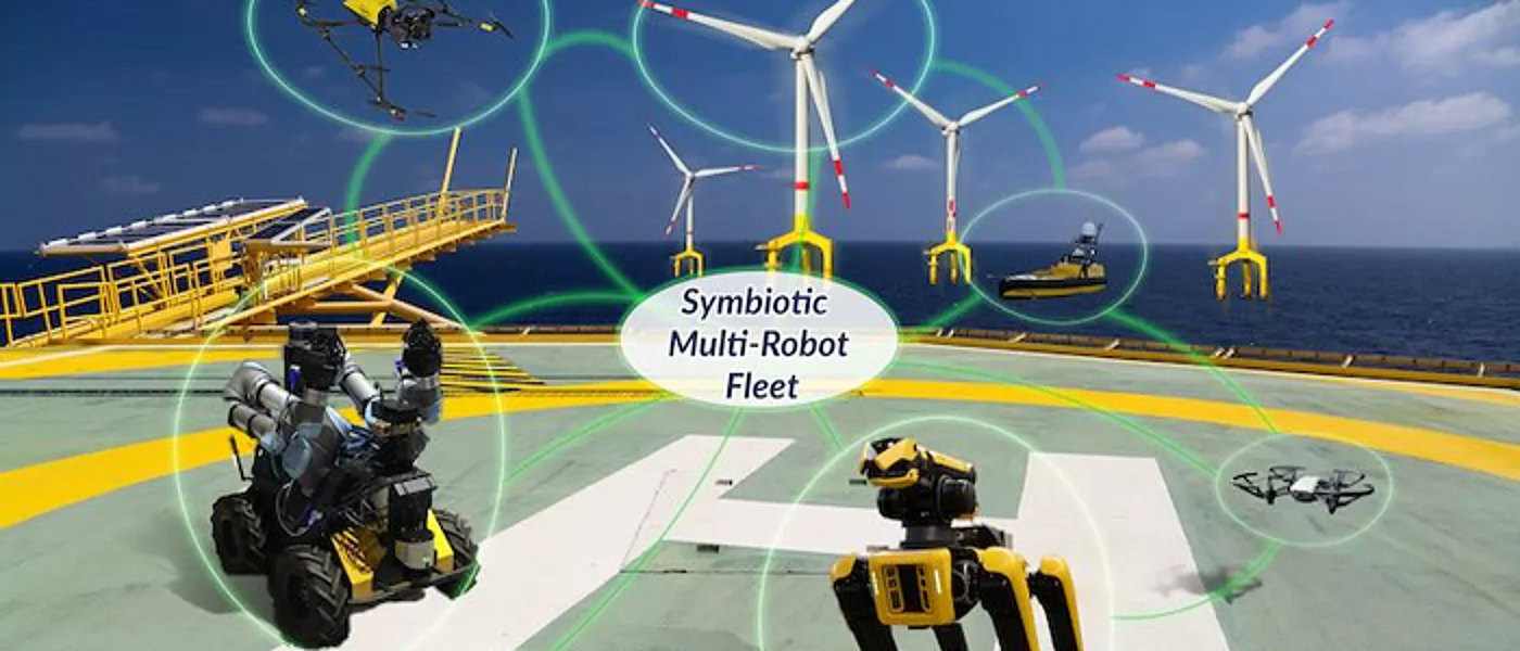 Graphic with robots, wind turbines and drones