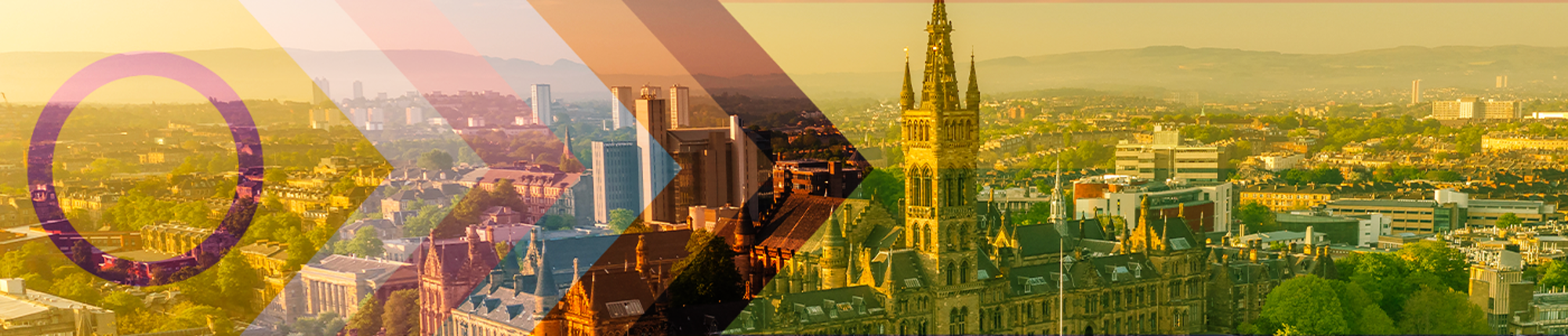 An arial photo of the Gilbert Scott Tower with the progressive pride flag overlaid