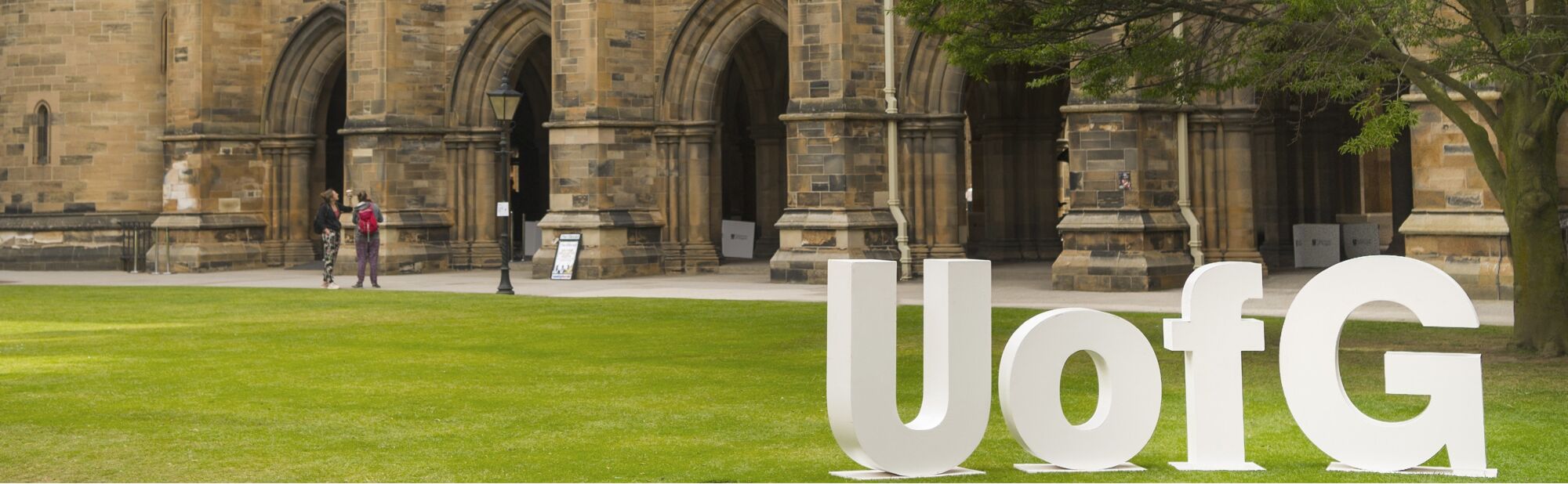 White UofG letters, in the east quadrangle