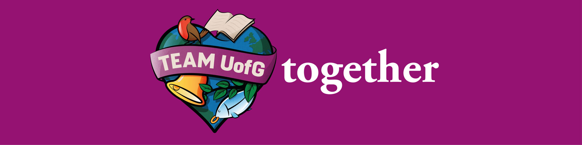 A heart with a Team UofG Together banner wrapped around it.