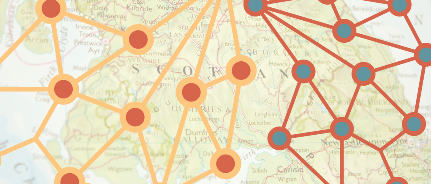 Stylised network of interconnected nodes overlaid on a map of Scotland, symbolising collaboration